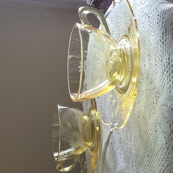 Set of Two Yellow Depression Glass Cup & Saucer - Picture 6 of 6